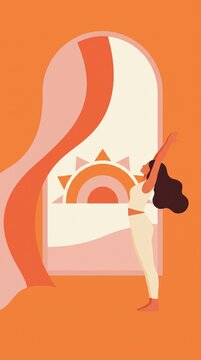 Woman stretches before an archway at sunrise. Peaceful morning atmosphere with warm orange tones. Ideal for wellness content, social media, and mindfulness graphics.