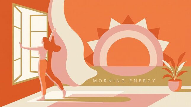 Woman opening curtains to sunrise. Warm orange tones symbolize energy and a fresh start. Perfect for wellness and lifestyle content.
