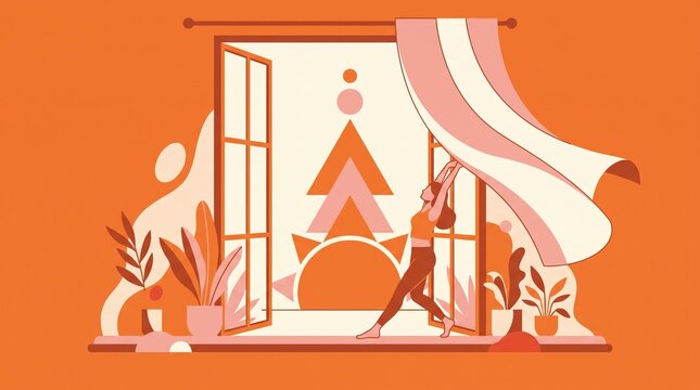 Woman stretches by a large open window with blowing curtains. Warm orange tones evoke a peaceful morning sunrise and wellness atmosphere. Perfect for health, fitness, and mental well-being content.