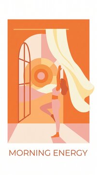 Woman practicing yoga by a window at sunrise. Warm orange and pink tones create a peaceful and energetic atmosphere. Perfect for health, wellness, and fitness content.