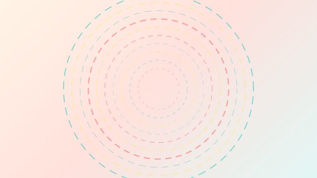 Soft, minimalist background featuring concentric circles made of rotating dashed lines in pastel colors on a gentle pink and blue gradient, creating a serene and hypnotic looping animation