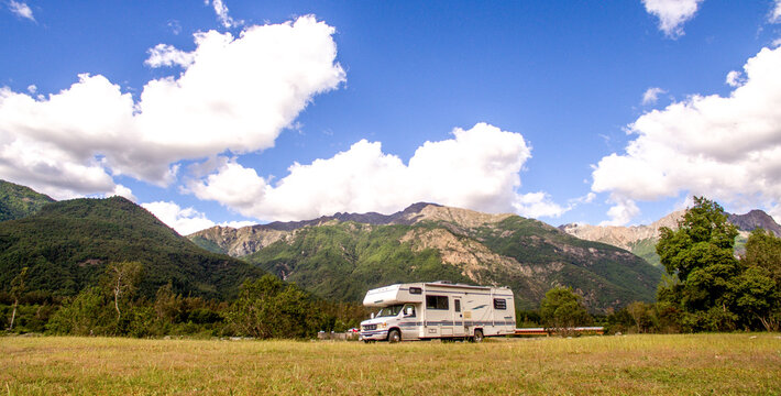 Motorhome in Chilean Argentine mountain Andes. Family trip travel vacation on Motorhome RV in Andes.