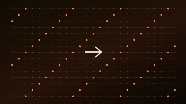Futuristic animation showing a grid of orange dots creating a dynamic waving pattern that moves across the screen, following a white arrow symbol indicating direction and progress
