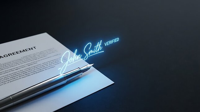 Verified digital signature on legal agreement digitization with silver fountain pen for secure electronic contract execution