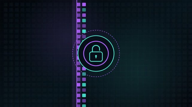 Digital padlock icon animating between locked and unlocked states on a dark technological background, representing concepts of cybersecurity, online data protection, and network safety