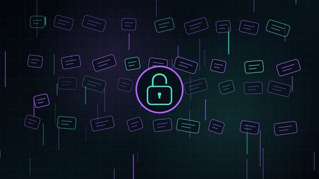 Abstract futuristic animation of a glowing padlock icon protecting digital data and confidential messages, representing cyber security concepts like data encryption, privacy, and online protection