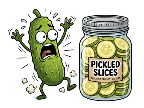 Cartoon pickle character looking terrified at a jar of pickled slices isolated on transparent background