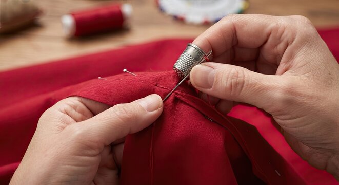 Hands sewing red fabric with needle
