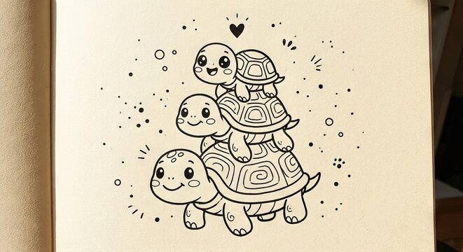 Three cute stacked turtles with heart doodle

