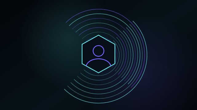 Digital user icon inside a hexagon with animated circular lines scanning on a dark background, representing concepts like data analysis, personal identification, security, and networking