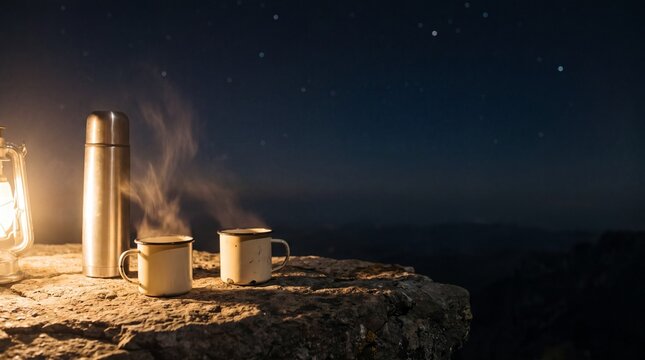 Thermos and lantern glowing on a rocky ledge under a starry night sky