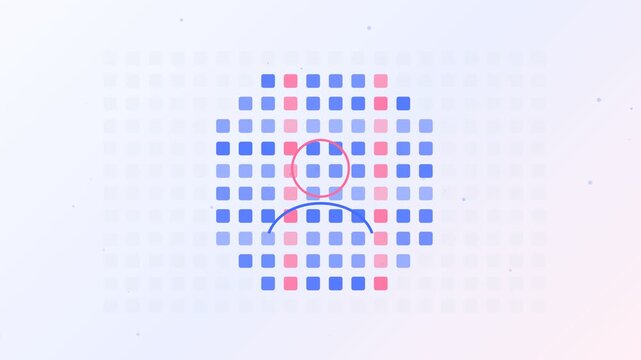 Minimalist user icon made of pixels dissolving and reassembling on a clean white background, symbolizing digital identity, data processing, online profiles, and technological transformation