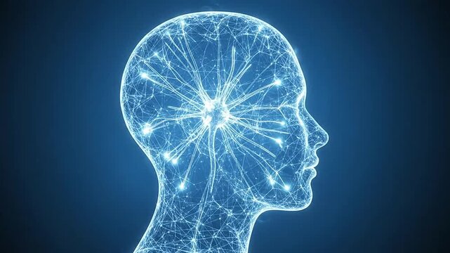 Glowing blue wireframe profile of a human digital head.