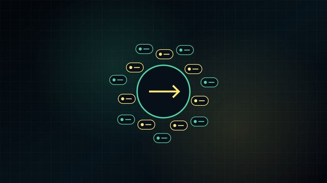 Abstract animation showing a digital loading or synchronization process, with a central arrow pointing right and surrounding elements blinking in sequence on a dark, gridded background