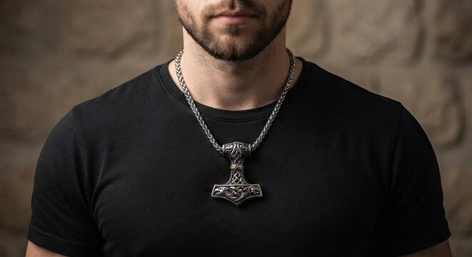 Muscular man wearing silver Mjolnir pendant necklace
