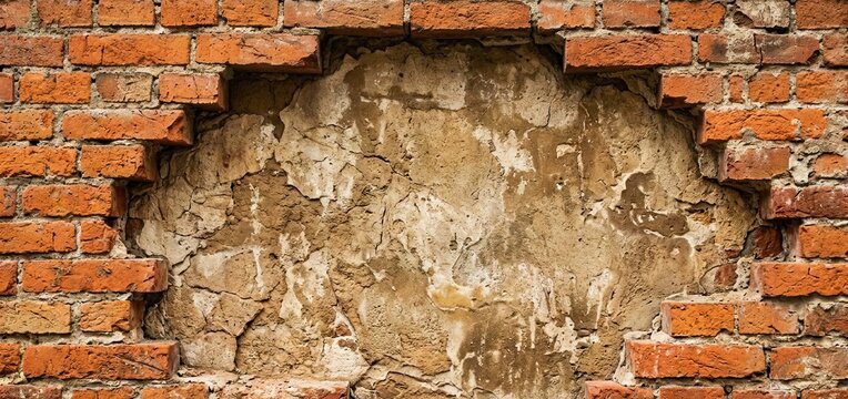 Broken hole in old brick wall