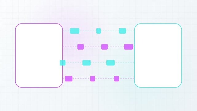 Minimalistic animation showing data packets flowing between two nodes over a network, representing digital information transfer, communication, processing, and modern technological concepts