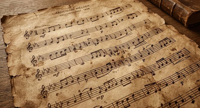 Vintage sheet music on wooden table