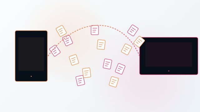 Colorful animated documents flying from a vertical tablet to a horizontal laptop, illustrating the concept of data sharing, wireless transfer, and cloud synchronization on a white background