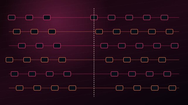 Purple and orange digital squares moving horizontally across a dark, striped background, representing data transfer, information flow, and technological advancement in a seamless loop