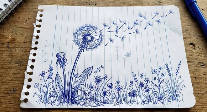 Blue ink dandelion drawing on notebook page