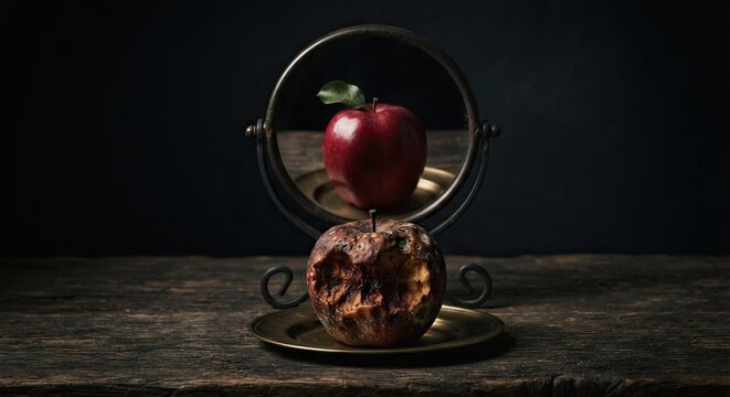 Rotten apple reflection showing fresh apple in mirror
