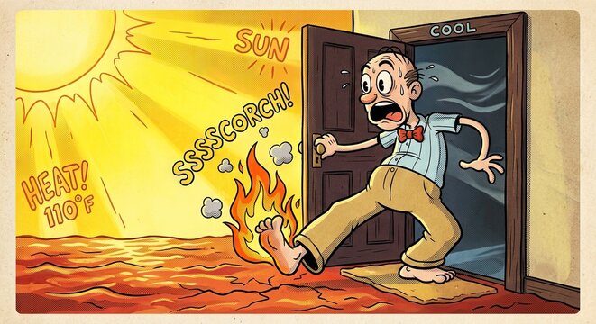 Cartoon man escaping hot room to cool
