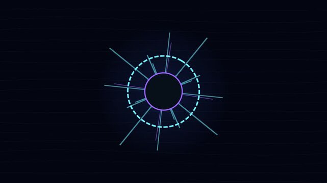 Abstract circular audio spectrum equalizer pulsing with colorful light rays on a dark background, representing digital sound waves, music rhythm, signal processing, or frequency analysis