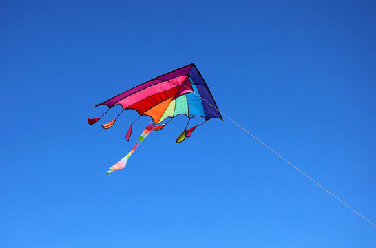 Colorful rainbow kite flying high in the clear blue sky on a sunny windy day