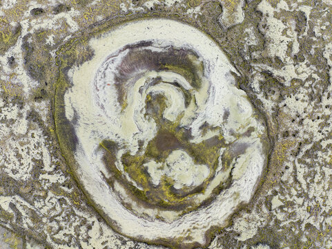 Aerial view of the Laki volcanic crater featuring intricate geological patterns, rugged volcanic rock, and vibrant green moss in Kirkjubaejarklaustur, Skaftarhreppur, Iceland.