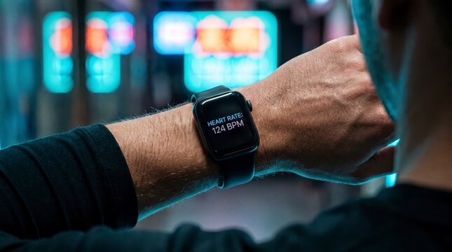 Close up of smartwatch showing heart rate during workout in neon lit gym
