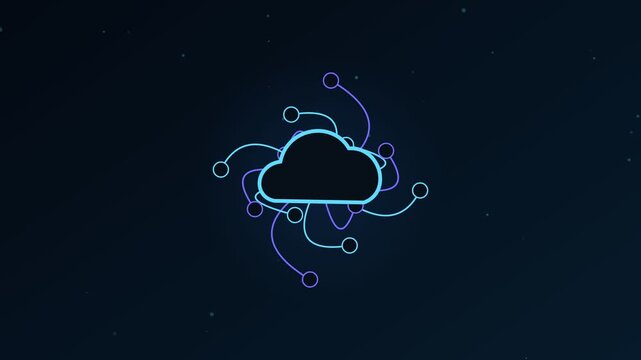 Abstract animation depicting a digital cloud symbol with connected nodes, illustrating concepts of data storage, online services, global networks, and modern information technology