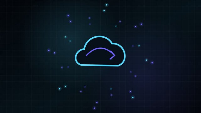 Digital cloud computing icon floating on a dark technological background with glowing particles, representing data storage, transfer, and online services in a seamless loop animation