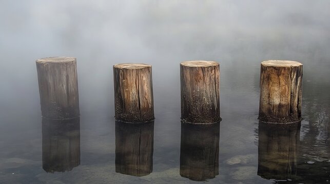 Four weathered wooden posts stand in murky water, partially obscured by dense fog and atmospheric mist