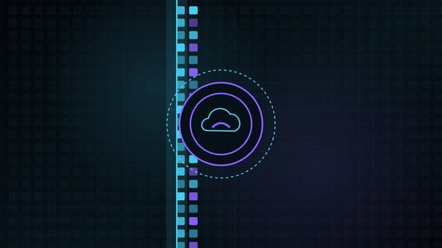 Animated cloud computing icon symbolizing data transfer and storage. With futuristic neon circles and bars scanning on a dark grid background. Representing digital network technology and information