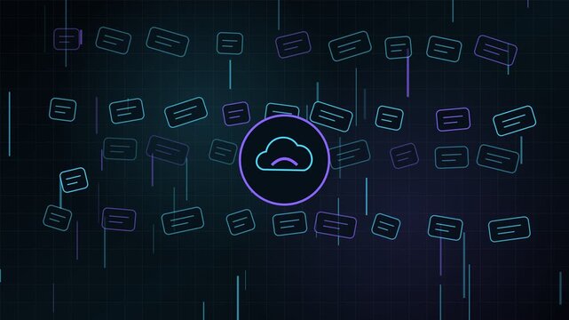 Digital animation showing a cloud computing icon at the center of a grid, with abstract data blocks and information streams moving upwards, representing upload, download and network connection