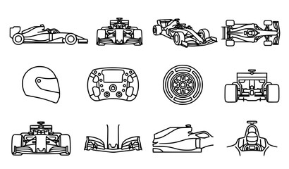 Naklejka premium Minimal Formula 1 Racing Car Outline Vector Icon Set