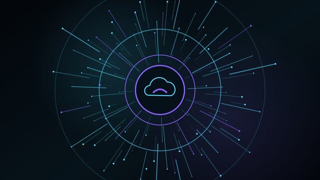 Animated cloud computing icon at the center of a futuristic circular interface with glowing data streams, representing digital storage, network connection, and information technology concepts
