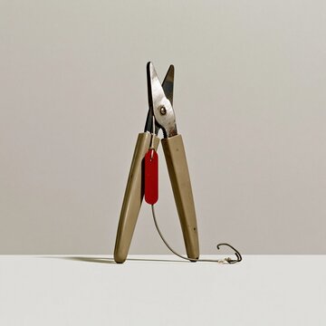 Industrial bolt cutters and a severed metal seal with a red tag on a grey background for security and customs concepts with copy space