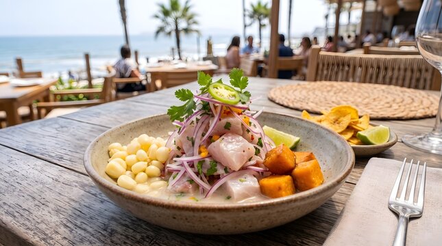 Close-up of fresh fish ceviche marinated in tiger's milk (leche de tigre) served with corn, sweet potato, and wine glass at a oceanfront restaurant.