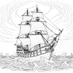 Pirate Ship Sailing Ocean Waves Coloring Page Line Art Illustration © Ghost KOTH
