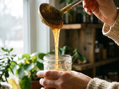 Macro shot of thick organic amber herbal liquid pouring into clear glass container in professional hands