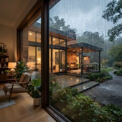 Fototapeta premium A cozy modern residence seen through a rainy glass window during a quiet and peaceful afternoon.