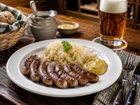N&uuml;rnberger Rostbratw&uuml;rste im deutschen Restaurant: Kleine gebratene W&uuml;rstchen mit Sauerkraut und Senf, rustikal auf wei&szlig;em Teller mit frisch gezapftem Bier serviert.