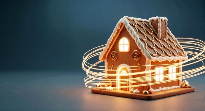 Gingerbread house with glowing windows and swirling light trails on blue background. Festive Christmas holiday decoration with copy space. Winter baking tradition