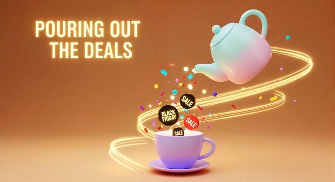 Black Friday sale promotion with pastel teapot pouring deals into cup. Glowing neon text pouring out deals on brown background. Retail shopping discount banner