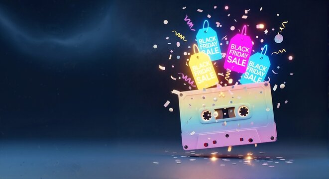 Retro cassette tape with glowing neon price tags. Black Friday sale promotion with confetti. Vintage audio tape on dark background with copy space