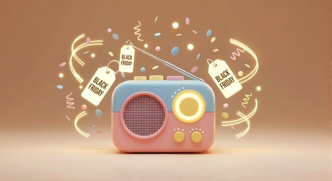 Retro radio receiver with glowing neon price tags. Black Friday sale promotion with confetti and light trails. Vintage broadcast device on pastel background