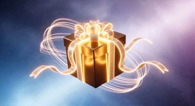 Floating gold gift box with glowing ribbon and light trails. Luxury present on blue and purple background. Christmas holiday celebration surprise