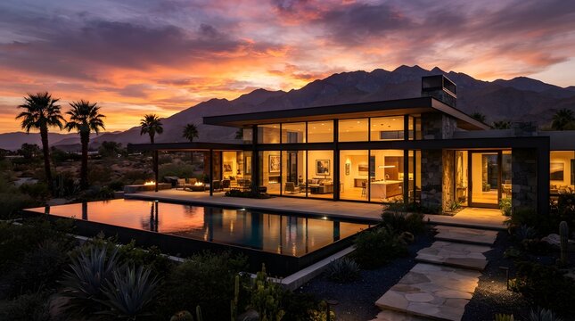 A modern desert home with floor to ceiling glass walls overlooks a pool during a vibrant sunset.